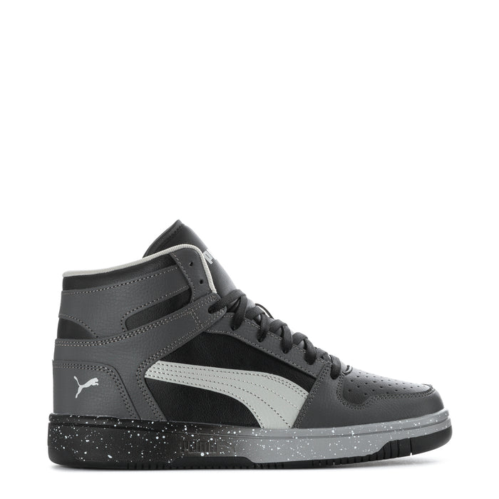 Youth high-top sneakers, dark grey with black accents and light grey stripe, speckled sole