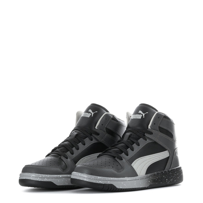 Pair of youth high-top sneakers, black laces, dark grey uppers with light grey stripe