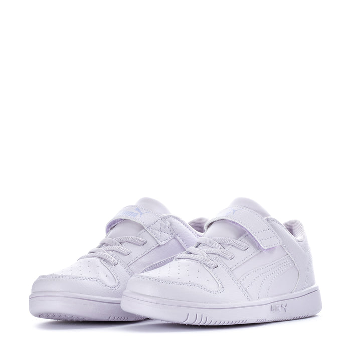 Pair of kids low-top sneakers with light purple uppers and lace-up closure