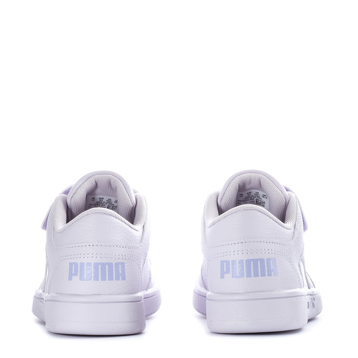 Back view of kids low-top sneakers in light purple with PUMA heel logo