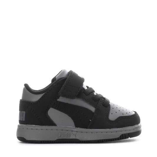 Toddler black and gray PUMA sneakers, Velcro closure, perforated toe panel