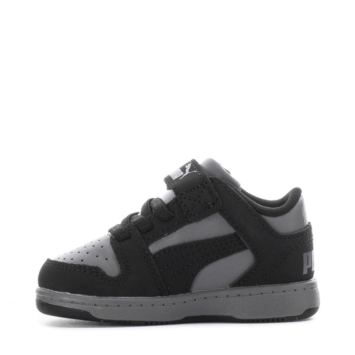 Toddler black PUMA sneakers, side view with hook-and-loop strap and contrast sole