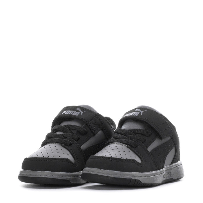 Toddler black and gray PUMA sneakers, front view with two hook-and-loop straps