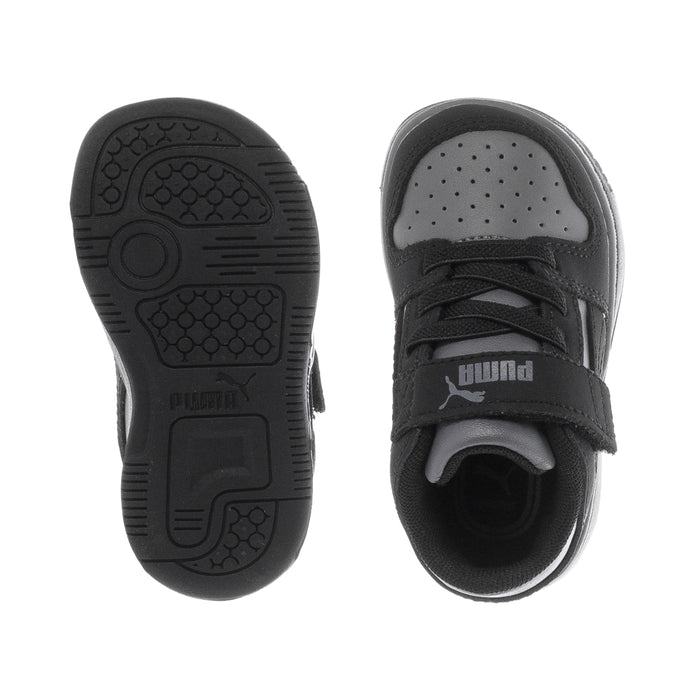 Toddler black and dark gray PUMA sneakers, hook-and-loop straps, grippy outsole