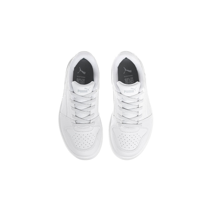 Kids white sneakers, lace-up top view with black-lined collar