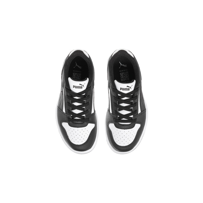 Kids' black Puma sneakers, top view of tongues and laces