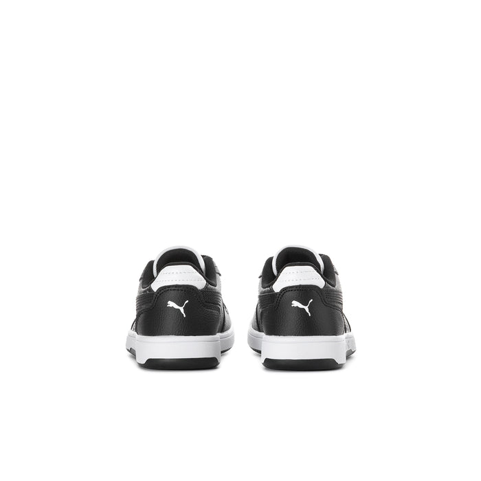 Kids' black Puma sneakers, rear view with white heel accents