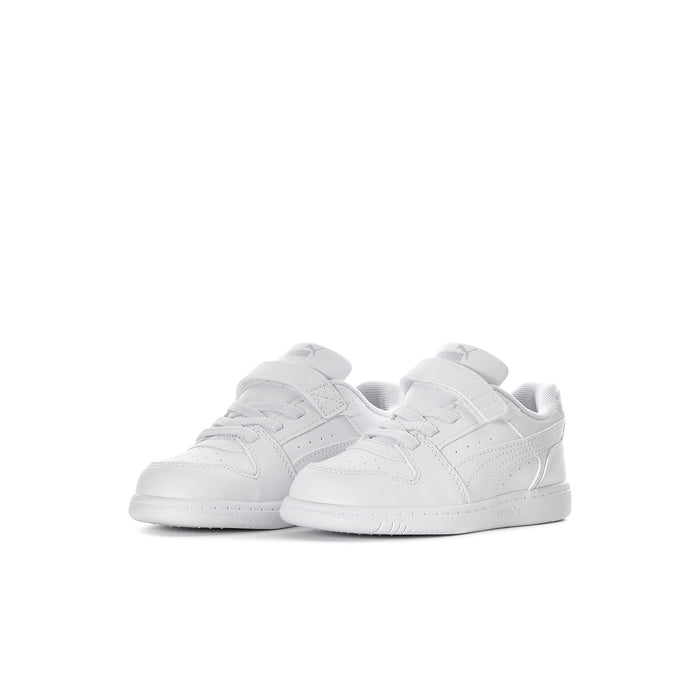 White toddler low-top sneakers, side-by-side front view with hook-and-loop strap