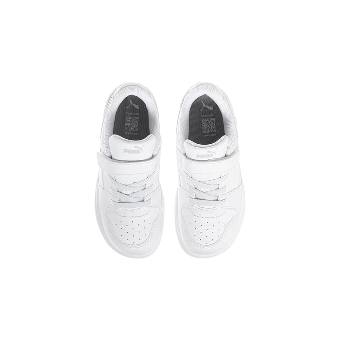 Pair of white toddler sneakers showing padded tongue, laces, and hook-and-loop closure