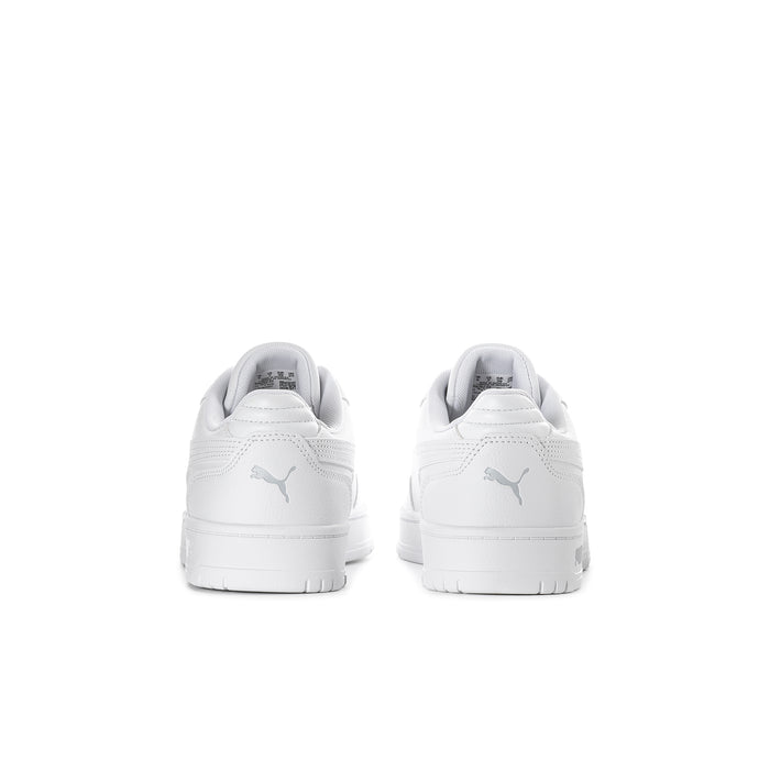 Back view of youth white Puma sneakers with heel tab and padded collar