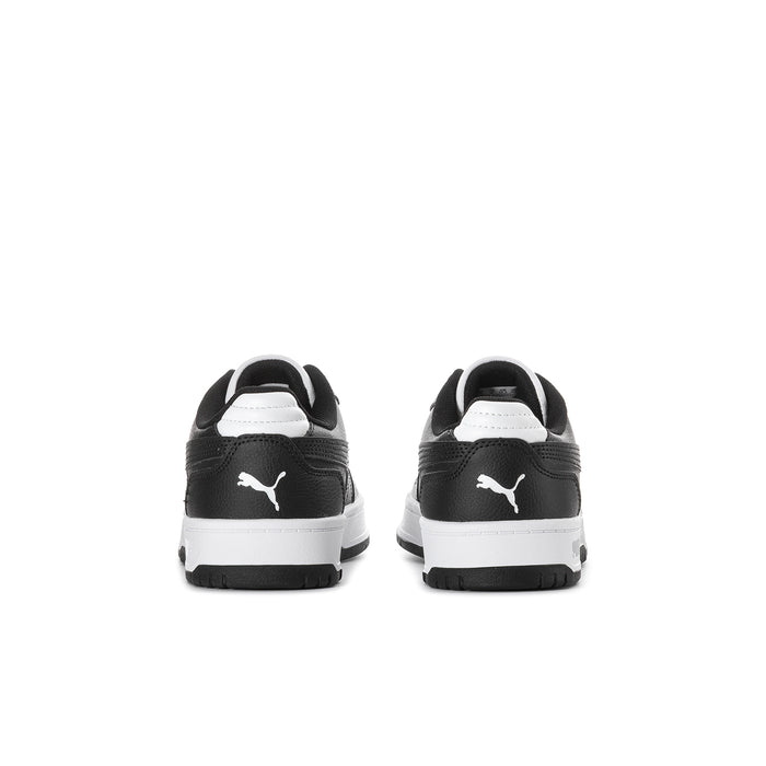 Back view of youth low-top lace-up sneakers in black and white with PUMA logo
