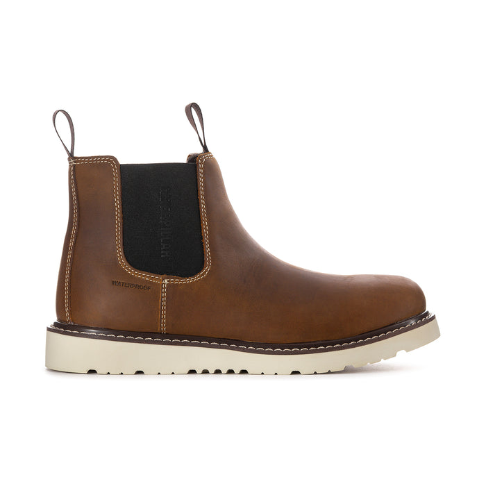 Reclaimer men's Chelsea work boot, brown leather with black elastic gusset and tan stitching.