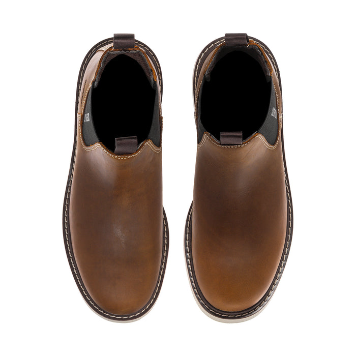 Reclaimer men's Chelsea work boot, brown leather with padded collar and black lining.
