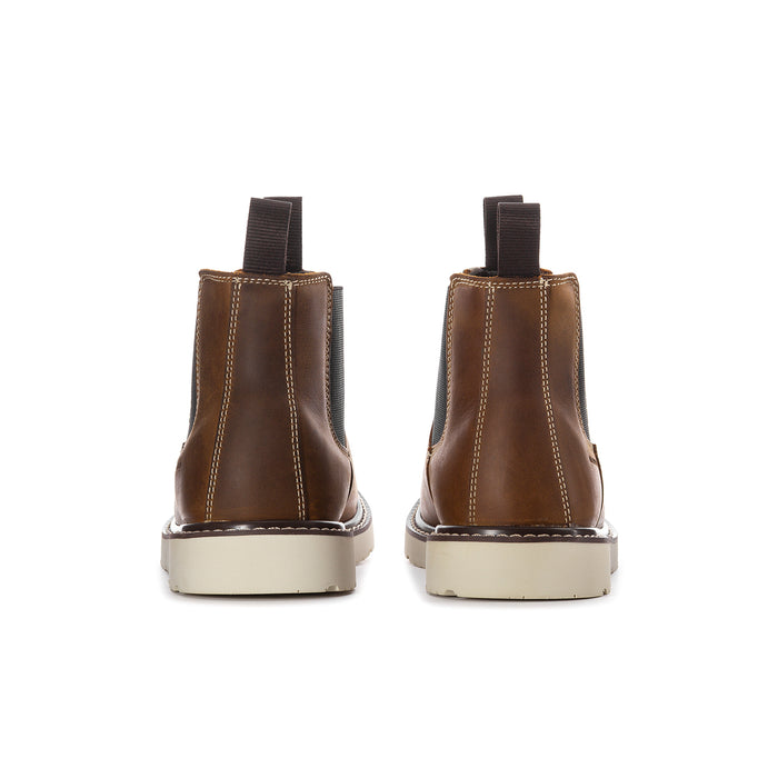 Reclaimer men's Chelsea work boot, brown leather heel with elastic pull tab and cushioned sole.