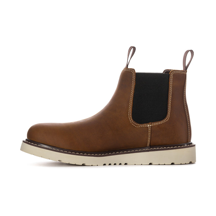 Reclaimer men's Chelsea work boot, brown leather front with black elastic gusset and tan trim.