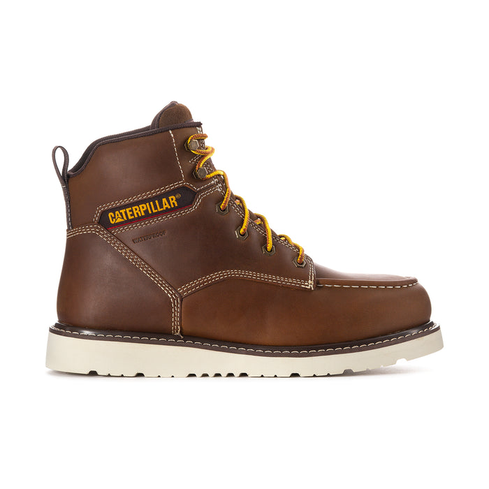 Men's brown lace-up wedge work boots with Caterpillar logo, yellow laces, padded collar.