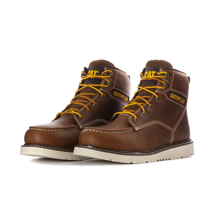 Men's brown lace-up wedge work boots, Caterpillar-branded eyelets and yellow laces.