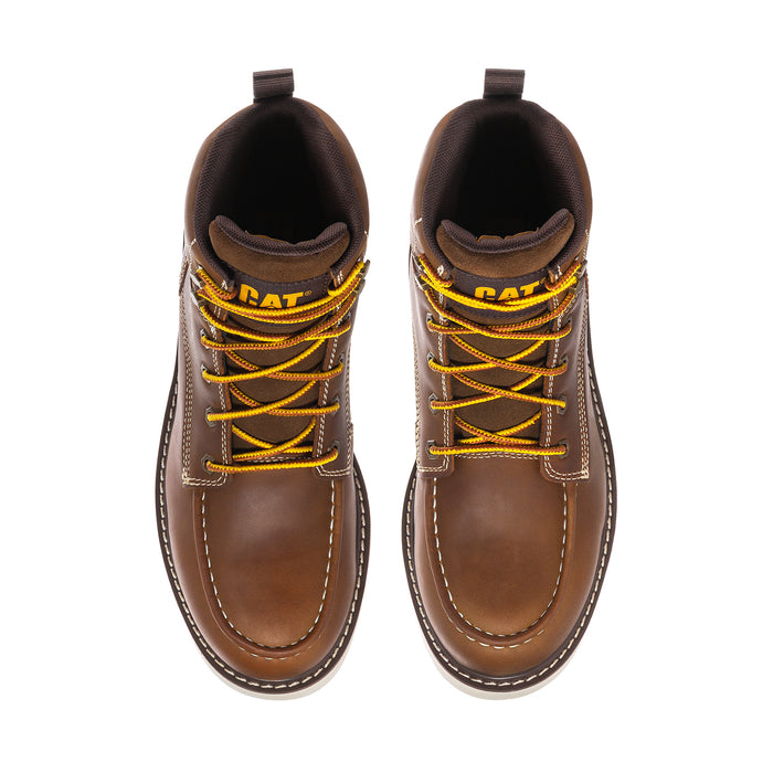 Pair of men's brown lace-up wedge work boots with yellow laces and stitched panels.