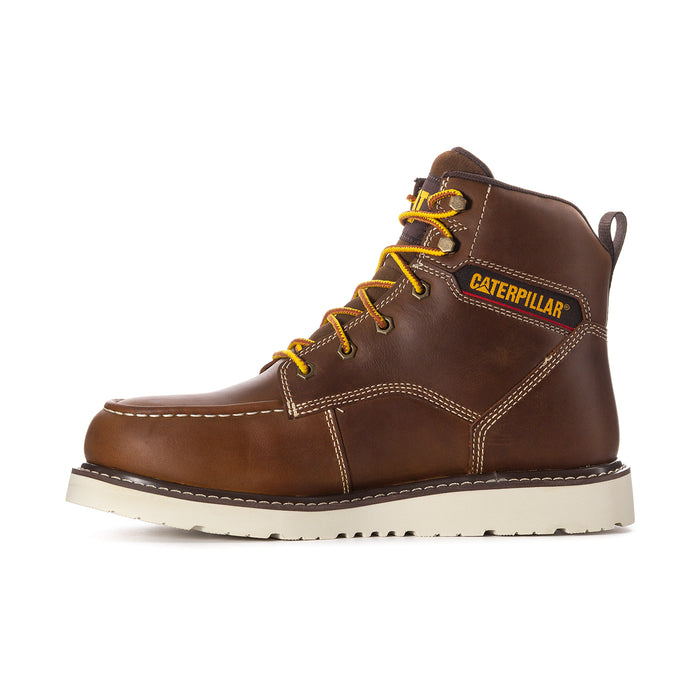 Men's brown lace-up wedge work boots with side stitching and yellow lace-up closure.