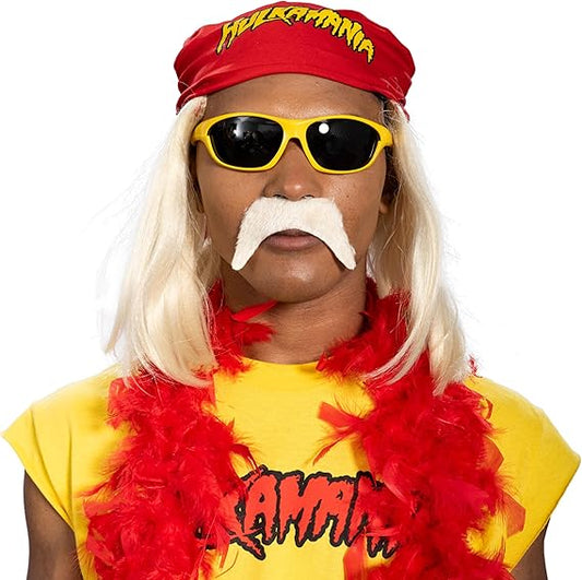 Red 1980s Mania Unisex Halloween Cosplay Costume Accessory Kit (Bandana w/ Wig\Moustache) - TVStoreOnline