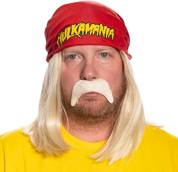 Red 1980s Mania Unisex Halloween Cosplay Costume Accessory Kit (Bandana w/ Wig\Moustache) - TVStoreOnline
