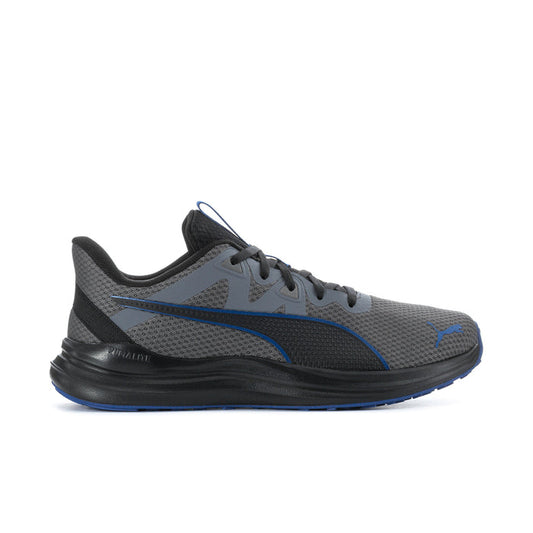Men's lace-up running shoes, dark grey knit upper with blue accents and black midsole