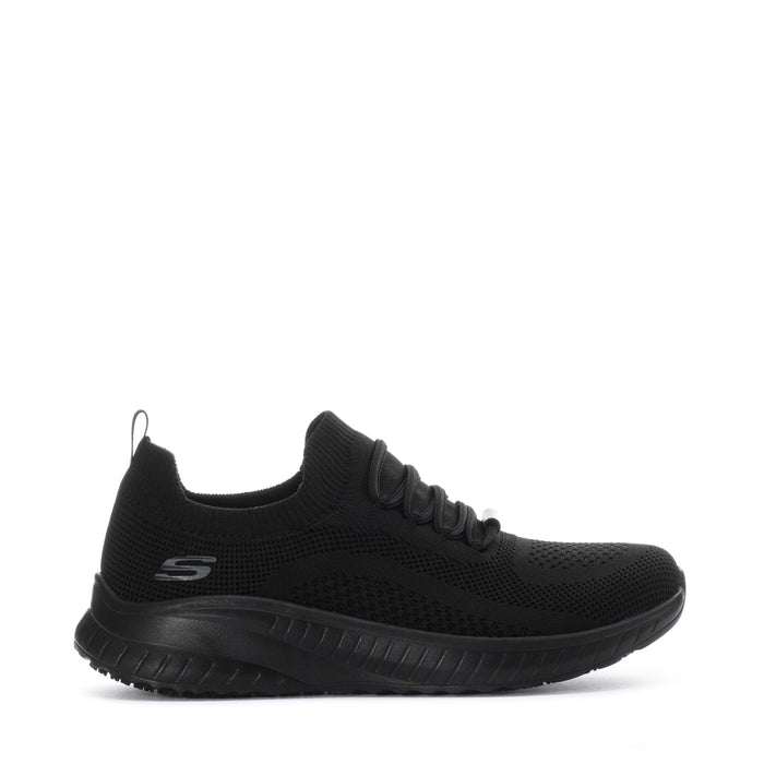 Black lace-up mesh athletic sneaker with cushioned rubber sole