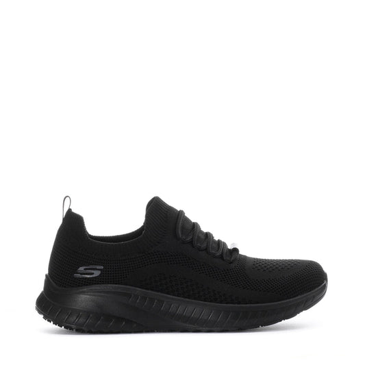 Black lace-up mesh athletic sneaker with cushioned rubber sole