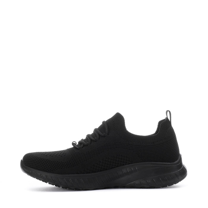 Black lace-up athletic sneaker, low profile with rubber midsole