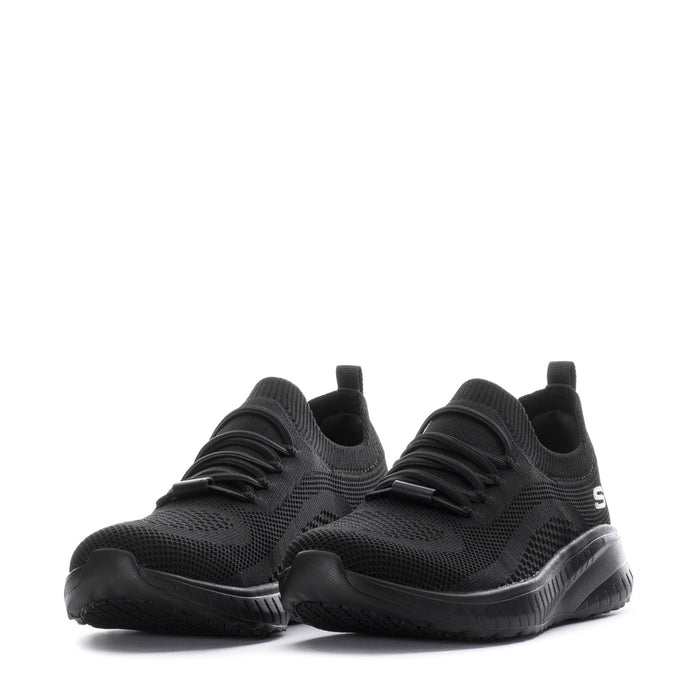 Pair of black lace-up athletic sneakers with textured upper and thick sole
