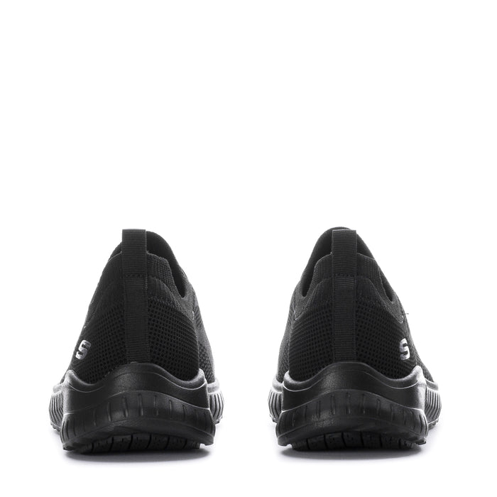 Black mesh sneaker heel view with pull tab and textured sole