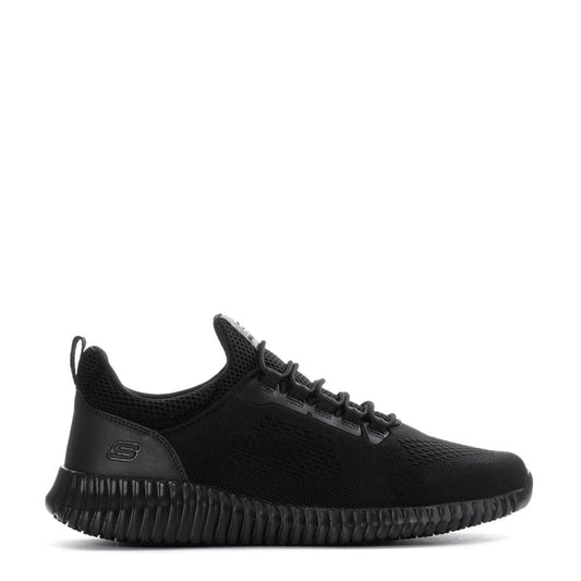 Men’s black lace-up athletic sneaker with textured midsole and cushioned outsole grip