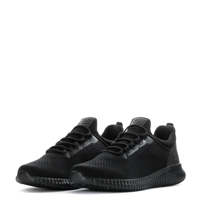 Pair of men’s black lace-up athletic sneakers with textured uppers and cushioned sole