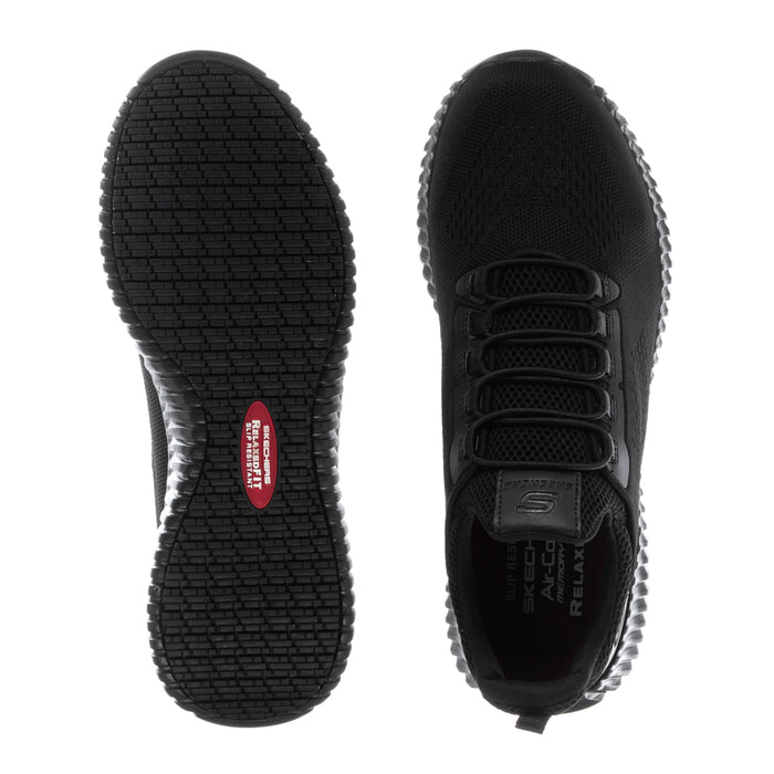 Men’s black sneaker soles view: patterned tread bottom and lace-up upper