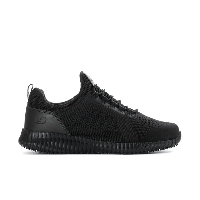 Black low-top lace-up knit sneakers with ribbed sidewall sole, side profile view