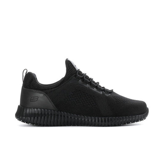 Black low-top lace-up knit sneakers with ribbed sidewall sole, side profile view