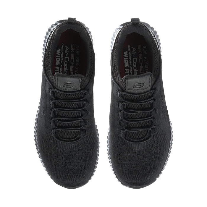 Black sneakers heel-to-toe view with lace system and cushioned tongue, outsole tread