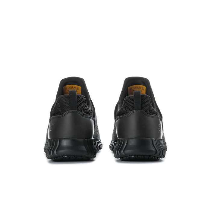 Black sneakers with rear heel tab, ribbed midsole detail, and lace-up closure, pair