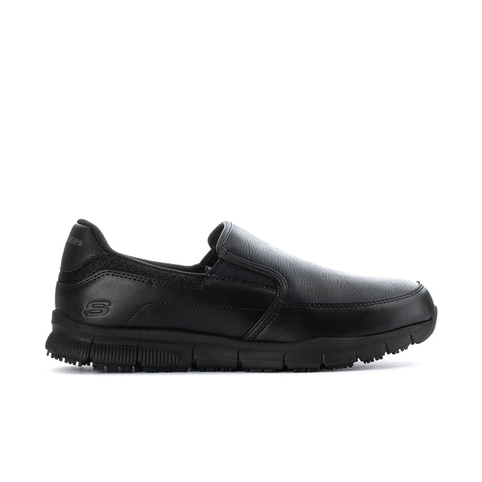Men's black slip-on work shoe with cushioned sole and side logo