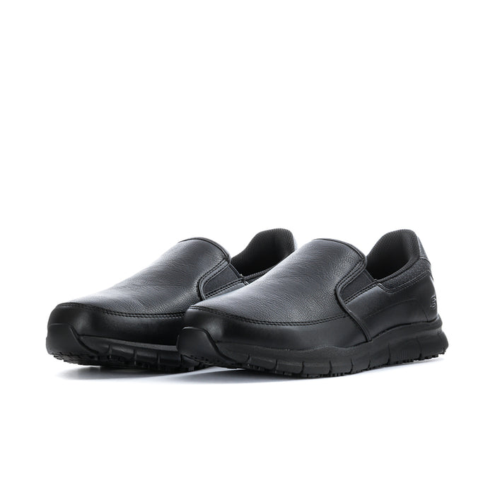 Men's black slip-on work shoe, rounded toe and contrast paneling
