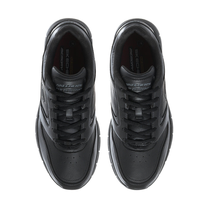 Men's black lace-up sneakers, top view with perforations and tongue branding