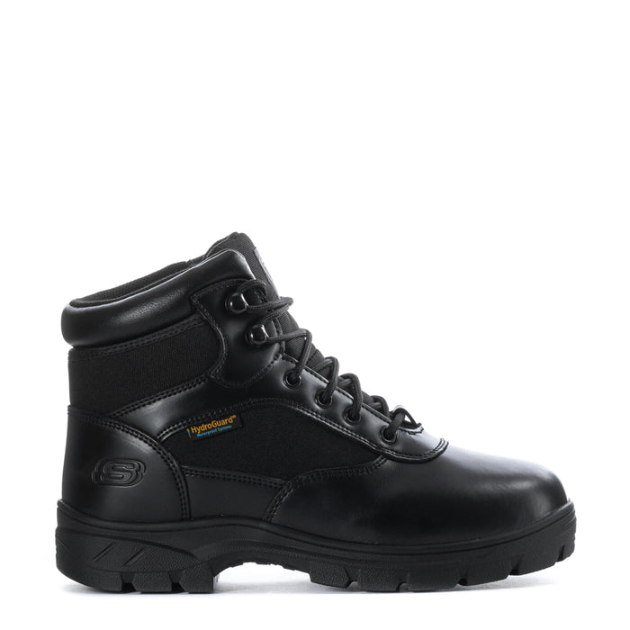 Men's black waterproof work boots with lace-up front and padded collar