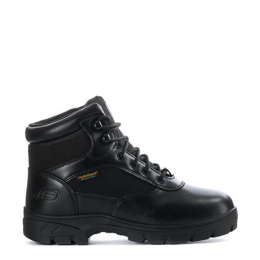 Men's black waterproof work boots with lace-up front and padded collar