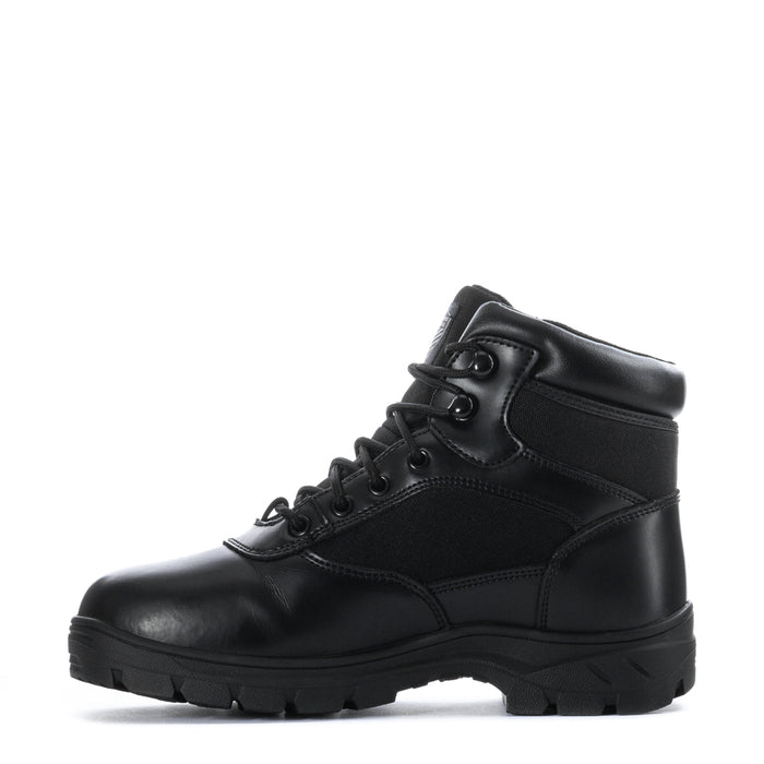 Men's black lace-up waterproof work boot with side stitching and ankle support