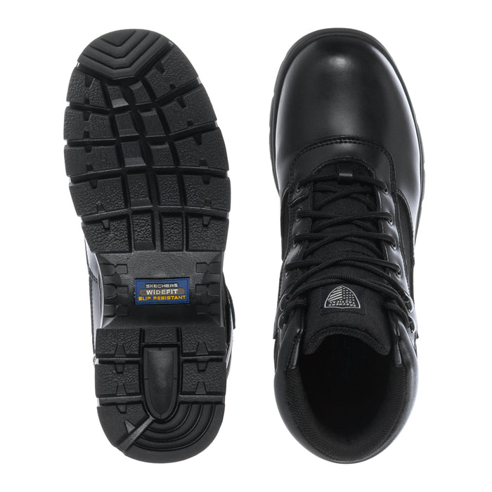 Black work boot outsoles and toe view with laces and cushioned collar