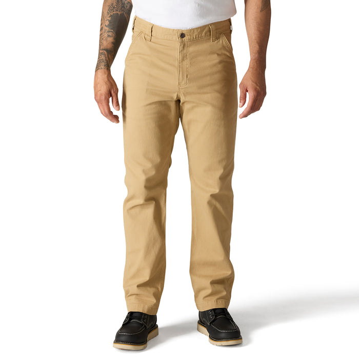 Dark khaki relaxed straight dungaree pants on model, front view with cuffed hem