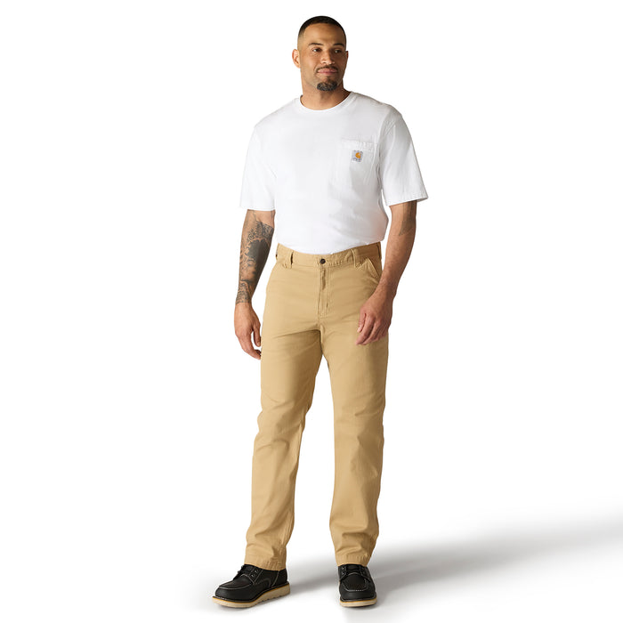 Dark khaki relaxed straight dungaree pants on model, full-body side view