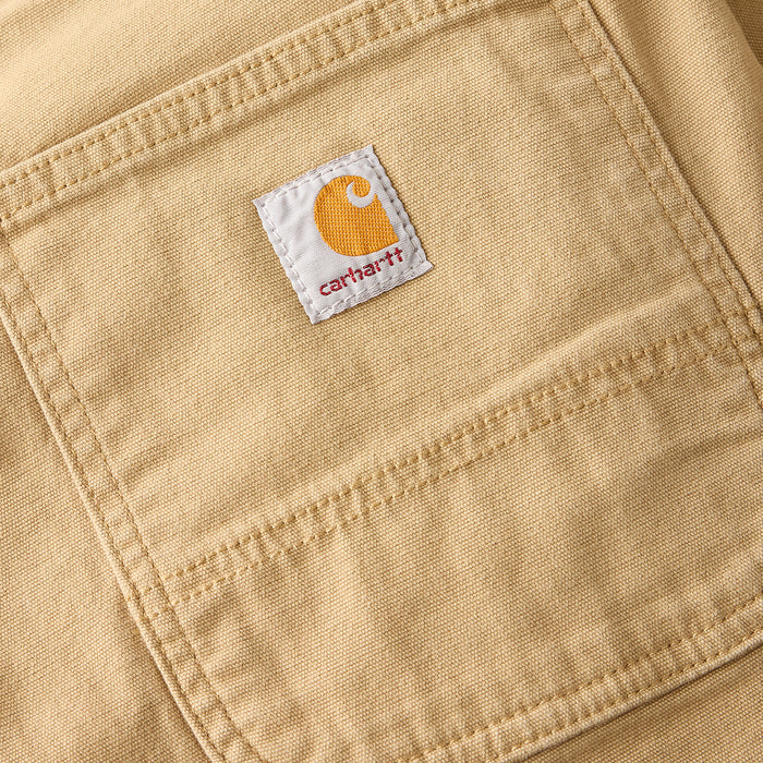 Dark khaki dungaree pocket label with carhartt logo patch