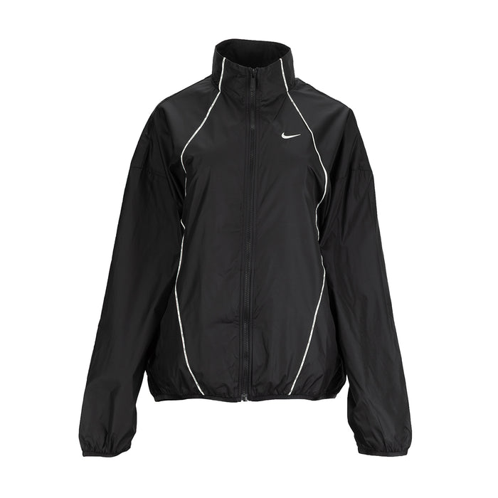 Women's black windbreaker jacket with zip front, stand collar, and contrast piping