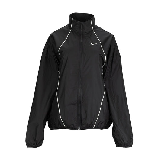 Women's black windbreaker jacket with zip front, stand collar, and contrast piping